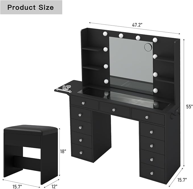 Vanity Desk with Power Outlet, Makeup Table with Mirror and 12 LED Lights, 3 Color Lighting Modes, 11 Drawers Makeup Vanity with 4 Shelves, Fold-up Panel, Vanity Set for Bedroom, Black