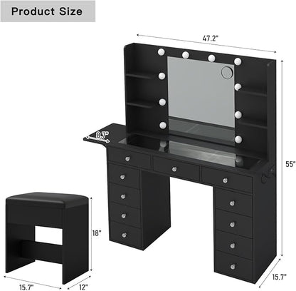 Vanity Desk with Power Outlet, Makeup Table with Mirror and 12 LED Lights, 3 Color Lighting Modes, 11 Drawers Makeup Vanity with 4 Shelves, Fold-up Panel, Vanity Set for Bedroom, Black