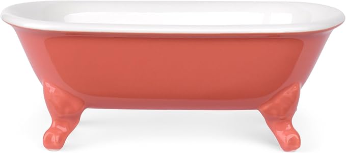 6.5" Ceramic Mini Decorative Clawfoot Bathtub Bar Soap Dish, Kitchen Sponge Holder and Shower Tray for Bathroom, 1 Pack(Coral)