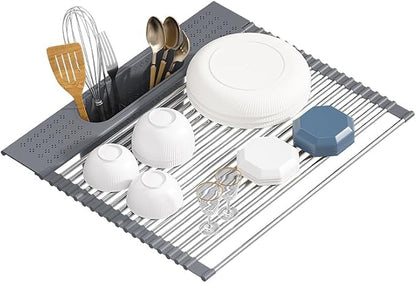 Roll Up Dish Drying Rack Over Sink, 20" X 15.2" Foldable SUS304 Stainless Steel Kitchen Dish Drainer, Heat-Resistant Multipurpose Rolling Sink Rack Organizer, Grey