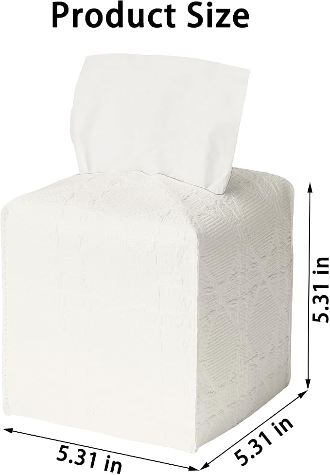 Tissue Box Cover 2-Pack, Square Tissue Holder with Bottom Belt, Modern Tissue Case Facial Paper Organizer Dispenser for Bathroom, Office, Home, Table, Car, White, Linen Pattern
