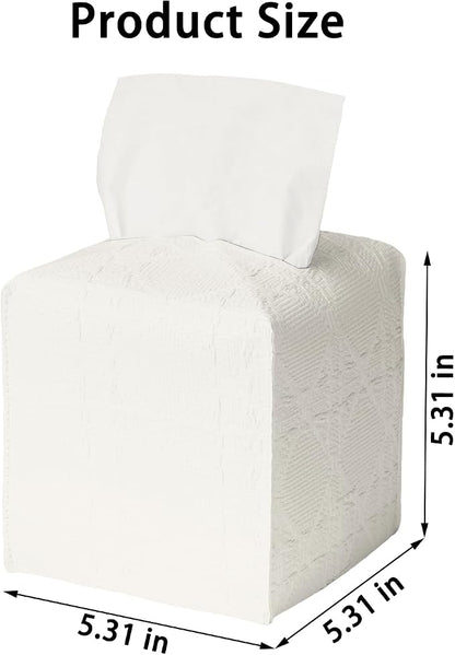 Tissue Box Cover 2-Pack, Square Tissue Holder with Bottom Belt, Modern Tissue Case Facial Paper Organizer Dispenser for Bathroom, Office, Home, Table, Car, White, Linen Pattern