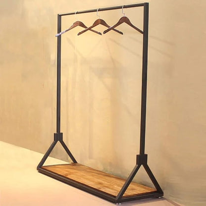 Modern Simple Heavy Duty Metal Rolling Garment Rack with Wheel,Retail Display Clothing Rack with Wood, Single Rod Floor-Standing Hangers Clothes Shelves (Black Square Tube B, 47.2 L)
