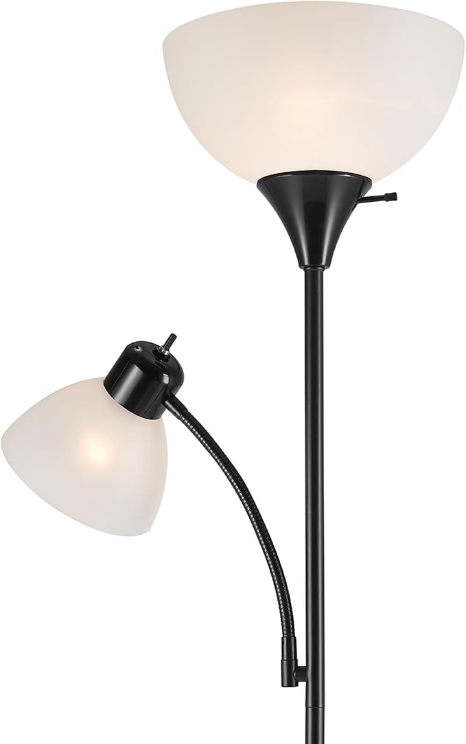 GLOBE Electric 67135 72" Torchiere Floor Lamp and Adjustable Reading Light,Matte Black,Frosted Shade,Dual Rotary Switch,3-Step Dimming,Modern Lighting for Living Room or Office,(Pack of 2)