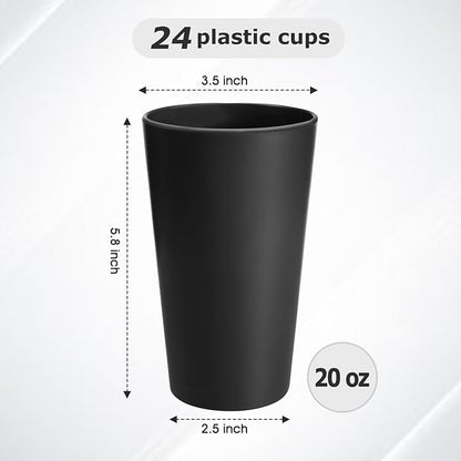 HEYCOME 24 Pcs Unbreakable Plastic Cups Set, 20 oz Reusable Plastic Cups, Stackable Water Tumblers, Drinking Cup for Kitchen, Outdoor, BPA-free, Dishwasher Refrigerator and Microwave Safe, Black