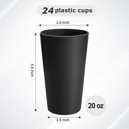 HEYCOME 24 Pcs Unbreakable Plastic Cups Set, 20 oz Reusable Plastic Cups, Stackable Water Tumblers, Drinking Cup for Kitchen, Outdoor, BPA-free, Dishwasher Refrigerator and Microwave Safe, Black