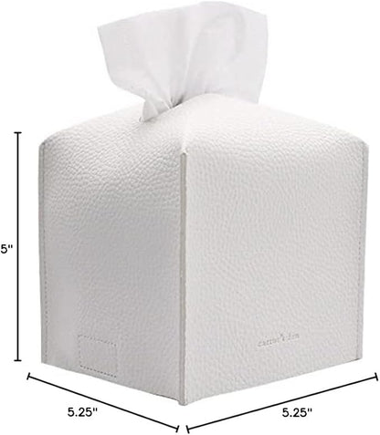 Tissue Box Cover Holder, Square with Bottom Belt by Carrot's Den - PU Leather Decorative Organizer for Tabletop, Bathroom, Car, Office | Pure White
