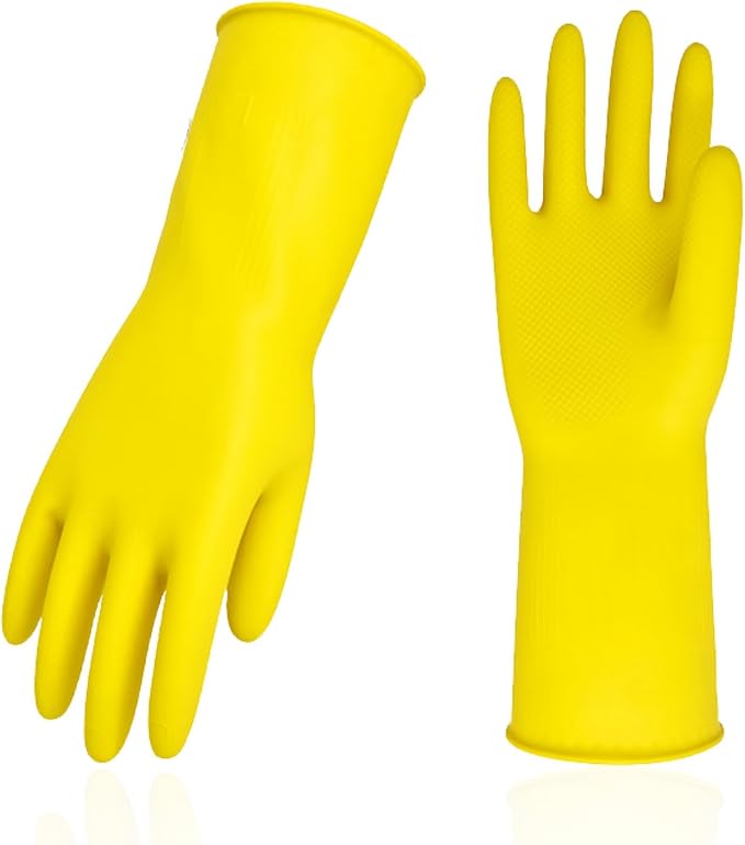 Vgo... 1-Pair Reusable Household Gloves, Rubber Dishwashing gloves, Extra Thickness, Long Sleeves, Kitchen Cleaning, Working, Painting, Gardening, Pet Care (Size XL, Yellow, HH4601)