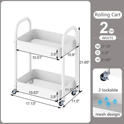 2 Tier All-Metal Rolling Cart, Rolling Storage Cart with Handle and Locking Wheels Kitchen Cart Laundry Office Bathroom Storage Organizer Cart, White