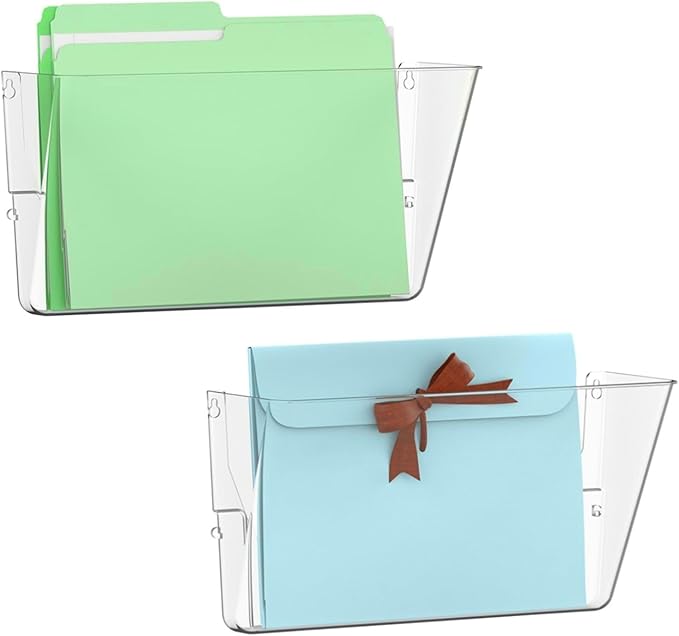 Gawerk 2 Pack Clear Single Pocket Wall File Holder Hanging Wall Organizer, Wall Mount Mails Magazines Organizer for Office and Home