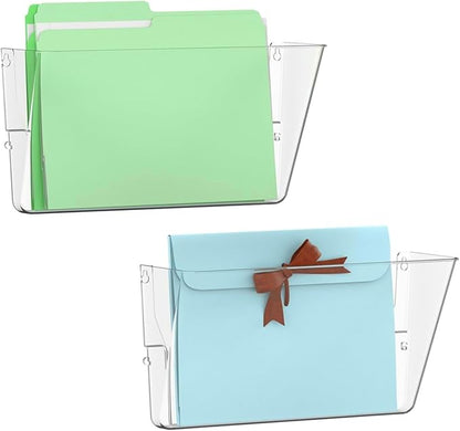 Gawerk 2 Pack Clear Single Pocket Wall File Holder Hanging Wall Organizer, Wall Mount Mails Magazines Organizer for Office and Home