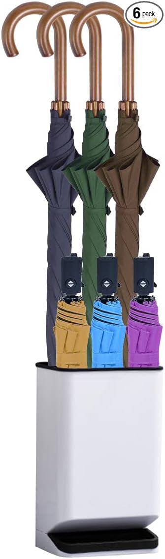 Umbrella Stand Holder for Entryway, Umbrella Rack with Removable Drip Tray Free Standing Organizer for Umbrella Walking Sticks Canes, Stored 6 Umbrellas, Ideal for Home Office Decor, White