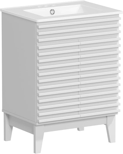 ROOMTEC 24" Bathroom Vanity with Sink, Mid-Century Freestanding Bathroom Vanity Sink with Storage, Undermount Ceramic Sink, Particleboard Frame with Wood Grain Laminate, White