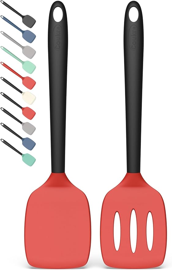 Coukre 2 Pack Silicone Spatula Set, High Heat Resistant, BPA Free Kitchen Spatula, Solid & Slotted Turner for Non-Stick Pans, Sautéing, and Flipping (2, RedBlack)