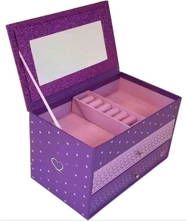 Girls' Purple Glitter Jewelry Box with Mirror and Compartments, 8.5 x 5 x 5 inches