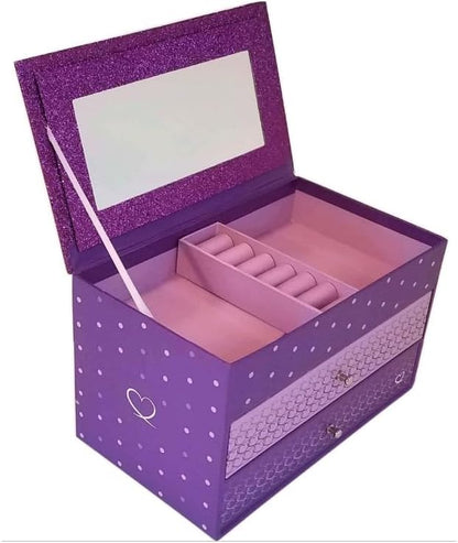 Girls' Purple Glitter Jewelry Box with Mirror and Compartments, 8.5 x 5 x 5 inches