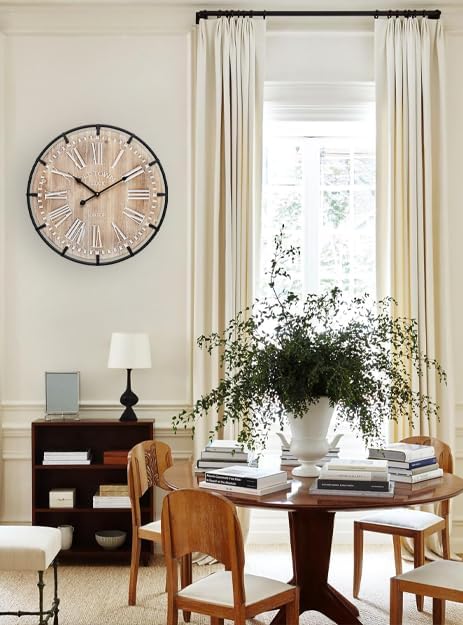 MICWIC 20 Inch Grand Farmhouse Wall Clock, Vintage-Inspired Wood & Metal Design with Large Etched Numbers, Silent Battery-Powered Timepiece for Offices, Kitchens, Bedrooms, and Living Rooms