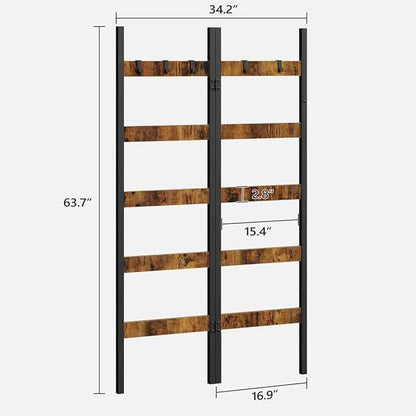 Foldable Blanket Ladder, 5-Tier Ladder Shelf, Decorative Ladder with 5 Removable Hooks, Wall-Leaning Blanket Holder for Towel, Scarves, Quilt Display Rack for Living Room, Rustic Brown