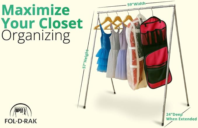 FOL-D-RAK Fully Assembled Lightweight Clothing Rack with Carry Bag. 59" Length Made from Commercial Grade Aluminum. Can Hold Over 50 LBS. Weighs 4 LBS.