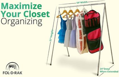 FOL-D-RAK Fully Assembled Lightweight Clothing Rack with Carry Bag. 59" Length Made from Commercial Grade Aluminum. Can Hold Over 50 LBS. Weighs 4 LBS.