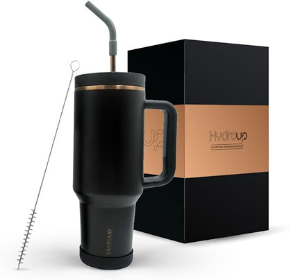 40oz Travel Tumbler Cup with Handle, Two-Way Slider Lid, Stainless Steel Straw with Silicone Tip, Vacuum Insulated Water Bottle for Hot & Cold Drinks, Great Gifts for Mom (Black Gold)