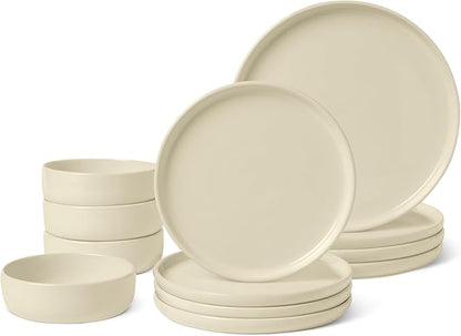 Amazon Basics Glazed Stoneware Dinnerware Set, Ceramic, Dishwasher-Safe, Freezer-Safe, 4 Full Place Settings, 12-Piece, Ivory
