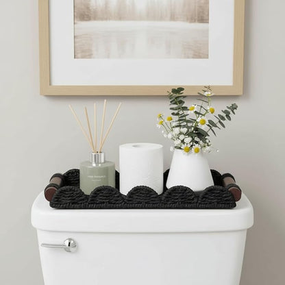 CubesLand Bathroom Toilet Paper Tray Organizer, Scalloped Decorative Tray w/Wood Handle for Counter, Shelves, Wicker Tray for Farmhouse Rustic Home Decor, Coffee Table Decor, Seasonal Decor, Black