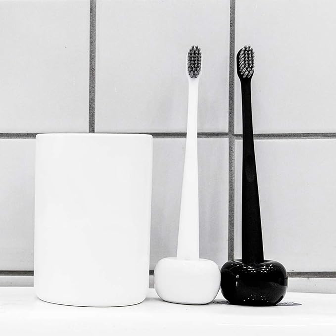 AirMoon Mini Ceramic Toothbrush Holder for Bathroom - Black Small Countertop Organizer, Easy Clean Toothbrush Stand, Suit for Electric Toothbrush Head, Pens & Coffee Spoon, Pack of 2