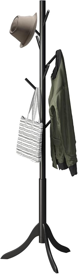kiplant Black Coat Rack Stand, Bamboo Wood Freestanding Coat Tree with 8 Hooks, Hallway Entryway Hat Hanger Organizer Standing for Bedroom, Office, Clothes, Jackets, Bags, Umbrallas
