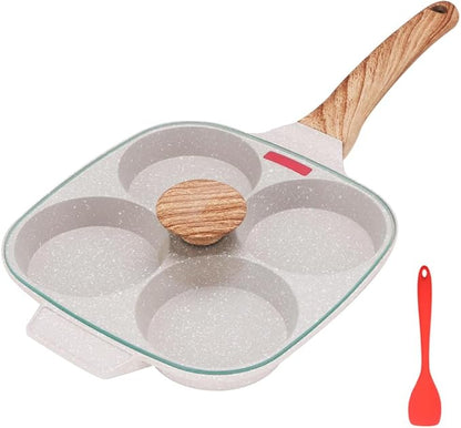 Egg Pan, Egg Frying Pan with Lid Nonstick 4 Cups Pancake Pan Fried Egg Pan for Breakfast, Gas Stove & Induction Compatible (White)