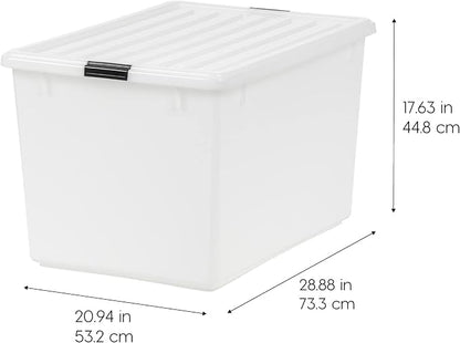 IRIS USA 144 Qt Stackable Plastic Storage Bins with Lids, 3 Pack - BPA-Free, Discreet Organizing Solution, Latches, Durable Nestable Containers, Secure Pull Handle, Made in USA - Pearl