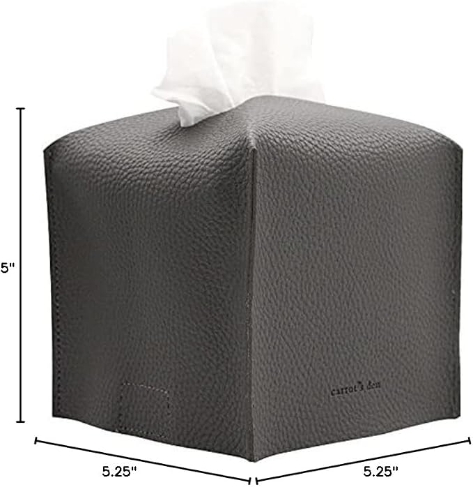 Tissue Box Cover Holder, Square with Bottom Belt by Carrot's Den - PU Leather Decorative Organizer for Tabletop, Bathroom, Car, Office | Charcoal