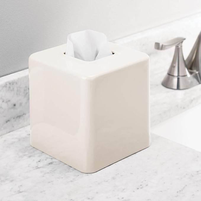 mDesign Metal Square Tissue Box Cover, Modern Facial Paper Holder - Accessories for Bathroom Vanity Countertop, Bedroom Dresser, Night Stand, Desk, Office, End Table - Unity Collection - Cream/Beige