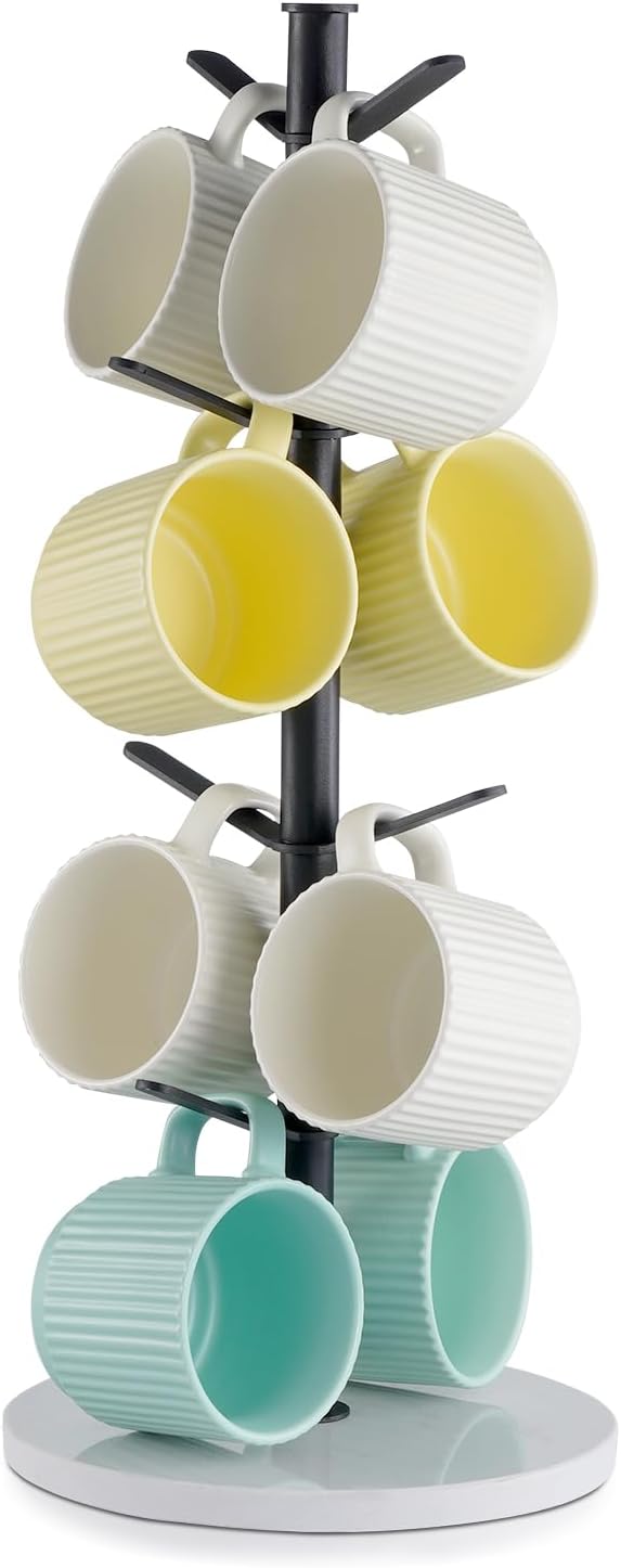 VEVOR Mug Holder Tree with Marble Base, 8 Hooks Coffee Cup Holder for Counter, Carbon Steel Mug Tree Cup Rack Stand, Upgraded Coffee Cup Tree for Coffee Bar Kitchen Home Organizer