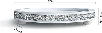 12 inch Round Wood Tray, Acrylic Diamond Decoration, Decorative Tray for Living Room, Coffee Table or Kitchen Table Service Tray, White