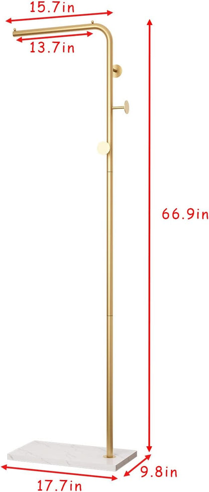 Gold Coat Rack with White Base, Freestanding Entryway Rack with 3 Hooks, L Shape Home Coat Hanger for Jackets, Hats, Clothes