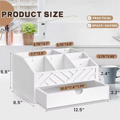 Coffee Bar Organizer with Drawer, Coffee Station Organizer for Countertop, Wood Coffee Bar Accessories Organizer for Coffee Bar Decor, Farmhouse Coffee Cup Pod Holder Condiment Organizer(White)
