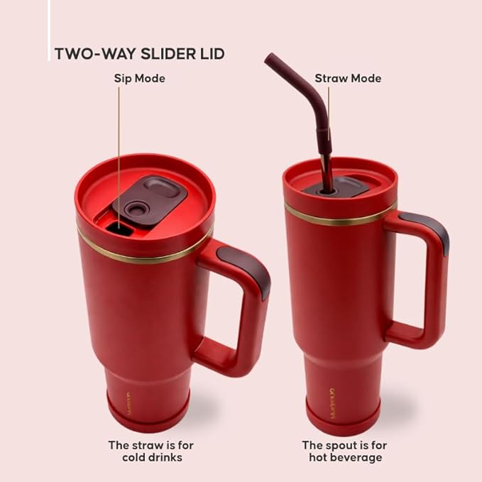 40oz Travel Tumbler Cup with Handle, Two-Way Slider Lid, Stainless Steel Straw with Silicone Tip, Vacuum Insulated Water Bottle for Hot & Cold Drinks, Great Gifts for Mom (Red Gold)