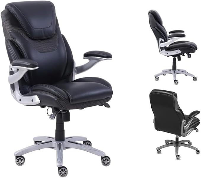 NBF Ergonomic Executive Office Chair with Flip up Arms and Lumbar Support - Ideal for Home, Study - Modern Chairs with Iridescent Silver Finish, 30.5" D x 26.5" W, Black, Gray