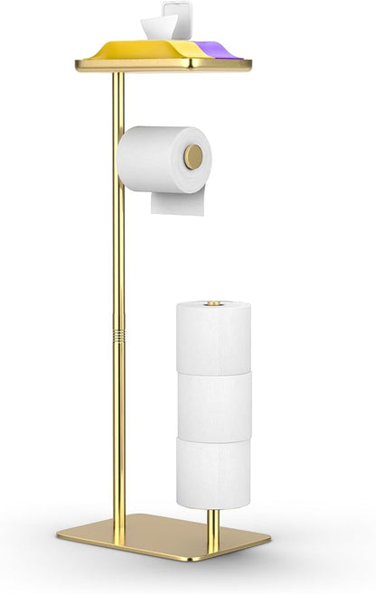 Day Moon™ Gold Toilet Paper Holder Free Standing Toilet Paper Holder with Storage - Toilet Paper Stand and Tissue Holder for Bathroom - Toilet Paper Holder with Shelf and Wipe Holder
