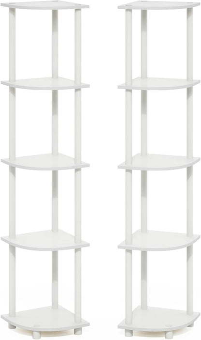 Furinno Turn-N-Tube Corner Shelf Set of 2, 5-Tier Corner Bookshelf, Open Storage Shelves, for Organization and Storage, Living Room, Home Office, Garage, White