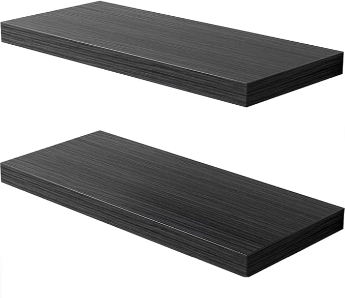 JPND Floating Shelf, Set of 2 Wall Shelf, 24 in W x 12.75 in D x 2 in H Wooden Floating Wall Shelf with Invisible Brackets for Living Room/Bedroom/Bathroom/Kitchen Storage and Decor, Black Wood