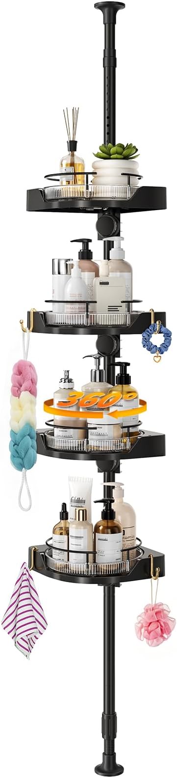 360° Rotating Shower Caddy Tension Pole, 4-Tier Corner Shower Organizer with Adjustable Shelves & Hooks, Rustproof Metal Pole, No Drilling Bathroom Storage Rack for Bathtub, 34-124”(Black)