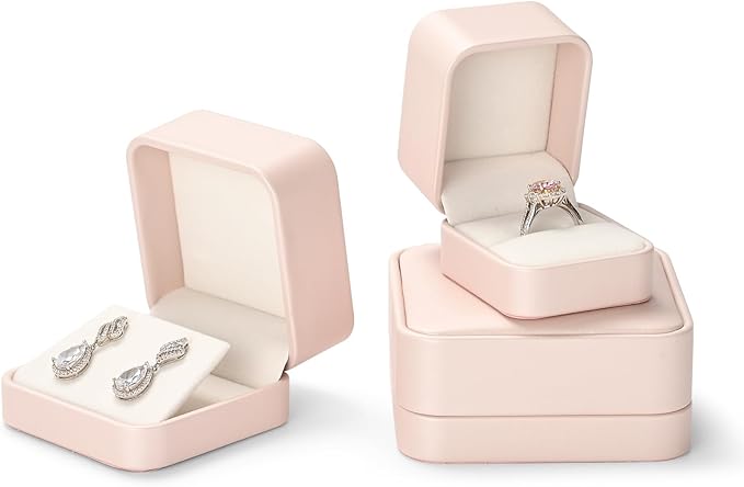 Oirlv Luxury Leather Jewelry Ring Box Engagement Ring Box Wedding Day Keepsake Case Bridal Photo(Pink)