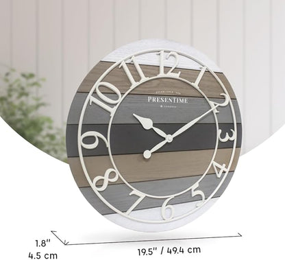 Presentime & Co Modern Farmhouse Shiplap Clock, 19.5 inch, White Arabic Numerals with Multicolor Woodgrain Shiplap Style. Large Farmhouse Decor for Living Room, Entryway, Home Office. Wall Décor