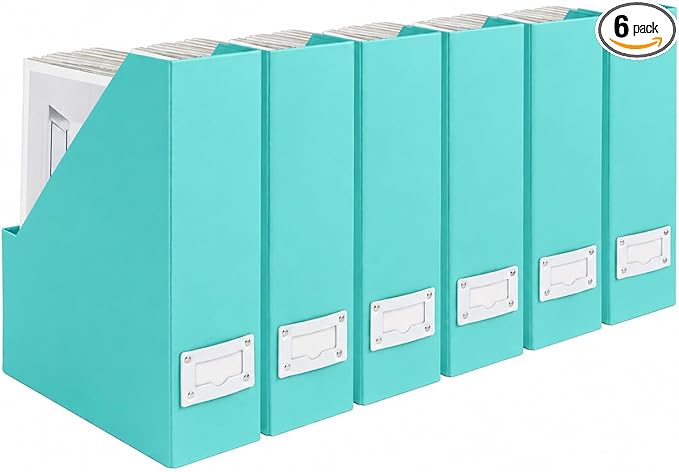 BLU MONACO Set of 6 Aqua Magazine File Holders | Foldable Magazine Storage Boxes with White Leather Label Holders | Vertical File Organizer for Desk, Shelves & Home Office