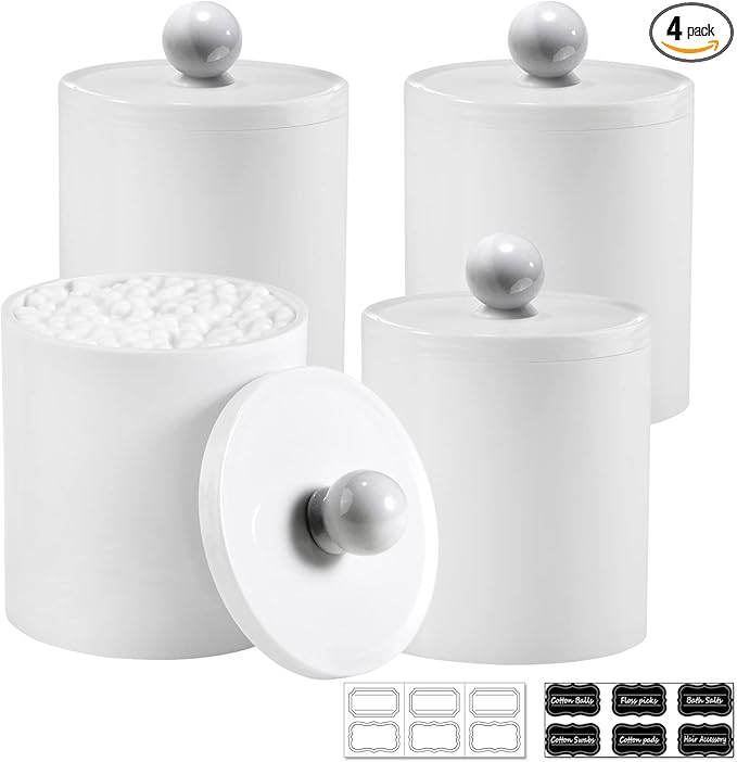 SheeChung 4 Pack Qtip Holder,White Acrylic Apothecary Jars,Shatterproof Qtip Holder Dispenser Set,Opaque Bathroom Vanity Organizer for Cotton Swabs,Balls,Pads, Modern Minimalist Decor (4 Pack,12&10oz)