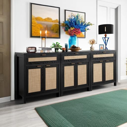 SICOTAS Sideboard Buffet Storage Cabinet Set of 3, Rattan Credenza Buffet Table, Modern Console Accent Cabinet with Doors and Drawer, Coffee Bar for Kitchen Entryway Living Room, Black