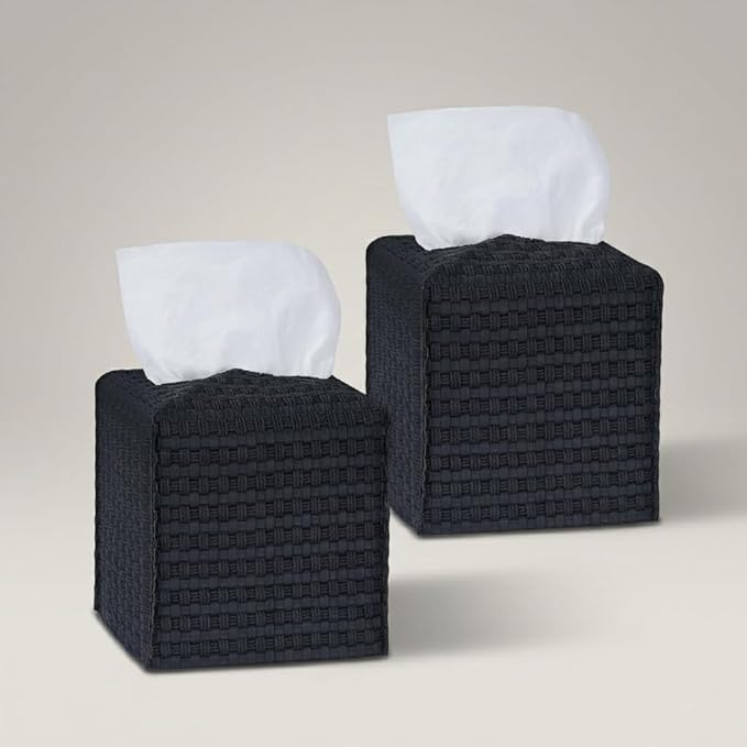 Tissue Box Cover 2-Pack, Square Tissue Holder with Bottom Belt, Modern Tissue Case Facial Paper Organizer Dispenser for Bathroom, Office, Home, Table, Car, Woven Pattern Black