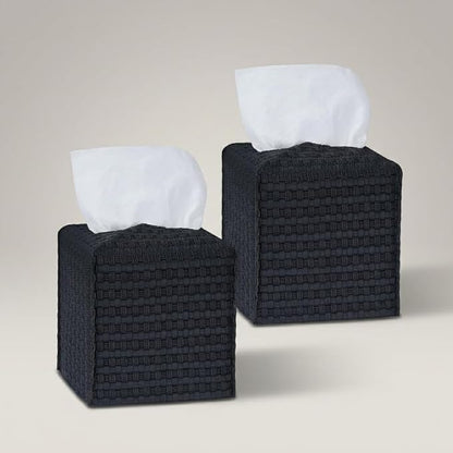 Tissue Box Cover 2-Pack, Square Tissue Holder with Bottom Belt, Modern Tissue Case Facial Paper Organizer Dispenser for Bathroom, Office, Home, Table, Car, Woven Pattern Black
